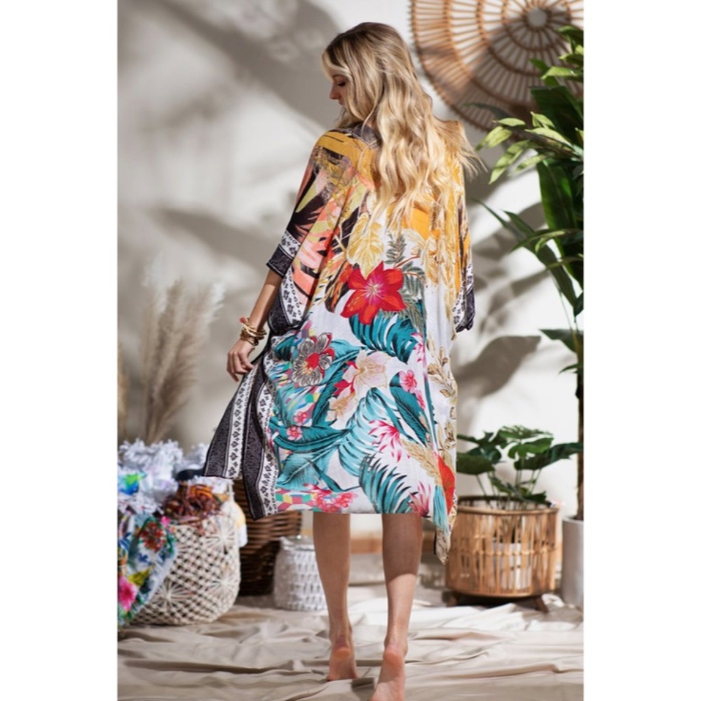 SOLD OUT Tahiti Tropical Floral Vacation Open Kimono Wrap Coverup Top - Picture 2 of 5